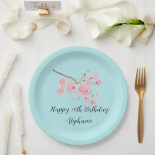 Cherry blossom Sakura Pink Turquoise Birthday Paper Plate