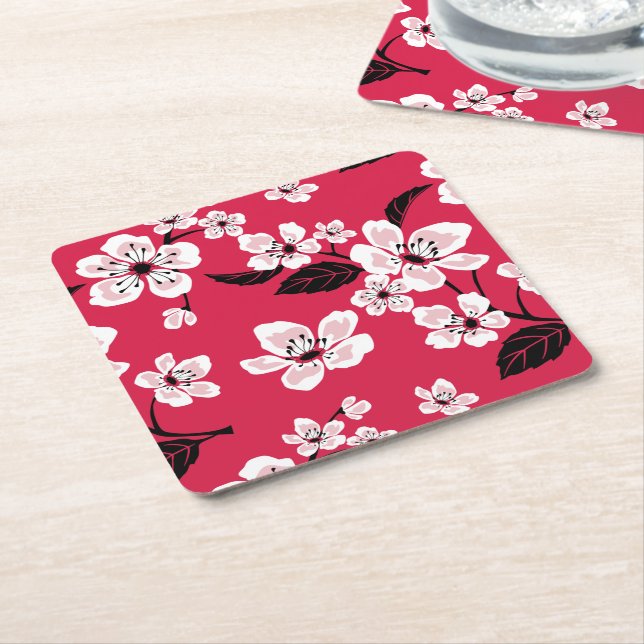 CHERRY BLOSSOM - SAKURA (RED) SQUARE PAPER COASTER (Angled)