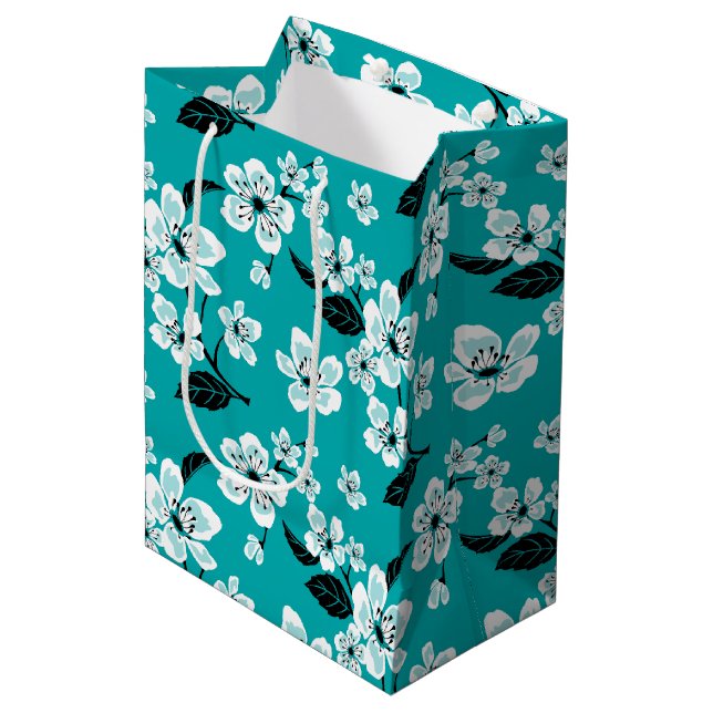 CHERRY BLOSSOM - SAKURA (TEAL) MEDIUM GIFT BAG (Front Angled)