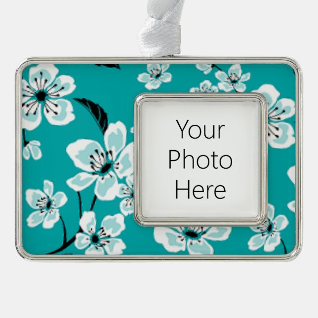 CHERRY BLOSSOM - SAKURA (TEAL) SILVER PLATED FRAMED ORNAMENT (Front)