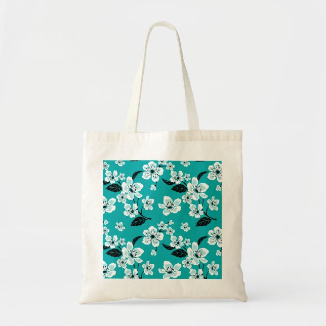 CHERRY BLOSSOM - SAKURA (TEAL) TOTE BAG (Front)