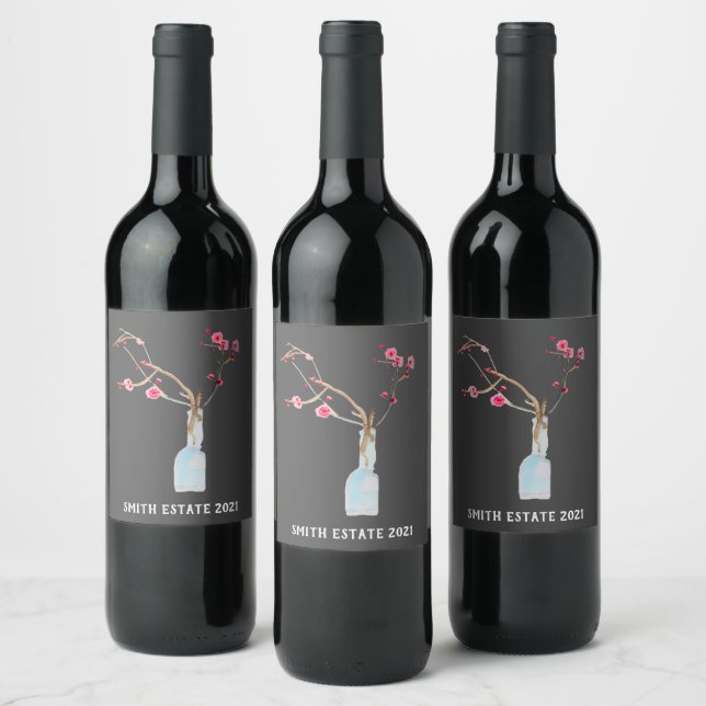 Cherry Blossom sakura watercolor art Wine Label (Bottles)