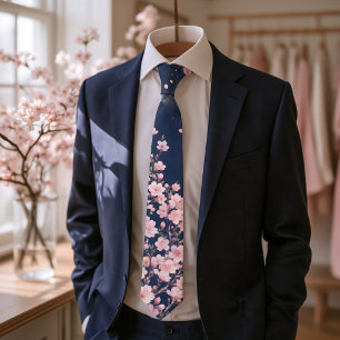 Cherry Blossom Sakura Watercolor Indigo Tie