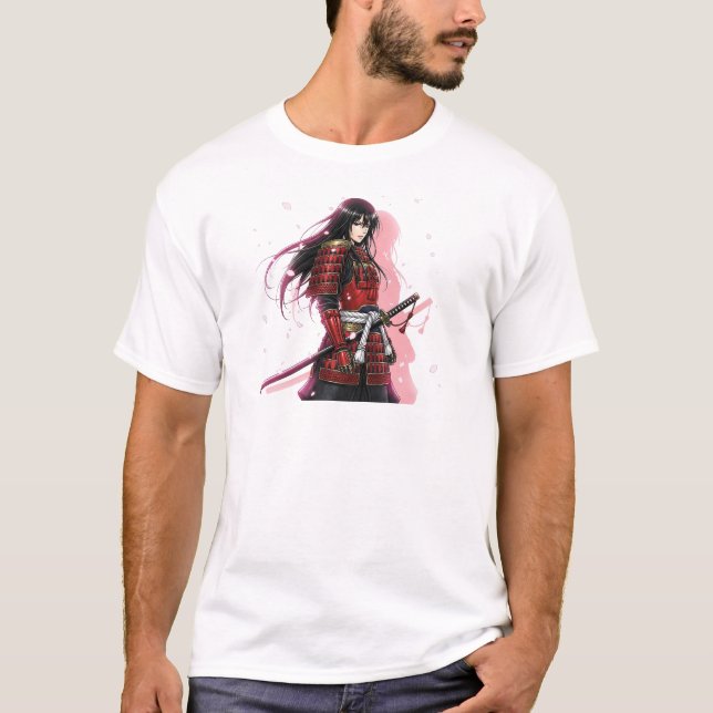 Cherry Blossom Samurai Girl | Elegant Red & Black T-Shirt (Front)