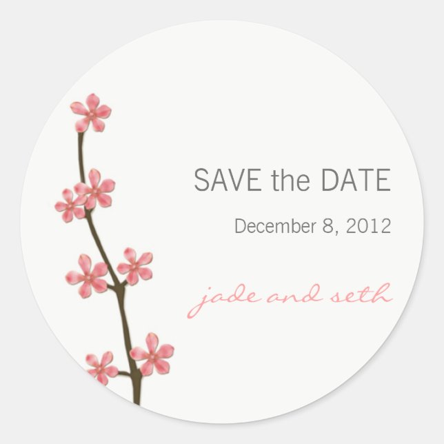 cherry blossom save the date classic round sticker (Front)