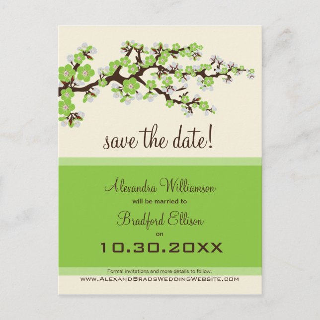 Cherry Blossom Save the Date Postcard (green) (Front)