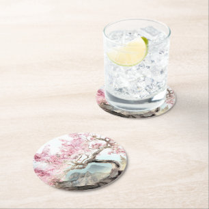Cherry Blossom Serenade Round Paper Coaster