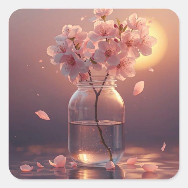 Cherry Blossom Serenity – Elegant Sakura Branch in Square Sticker (Front)