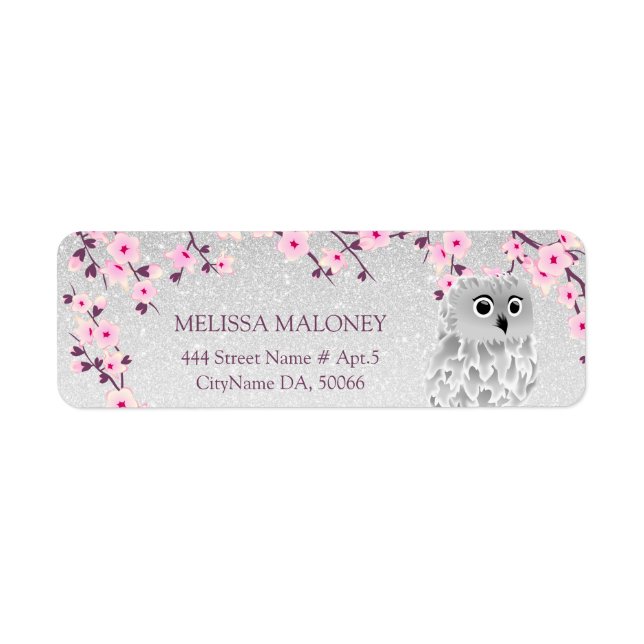 Cherry Blossom Silver Glitter Owl Return Address Label (Front)