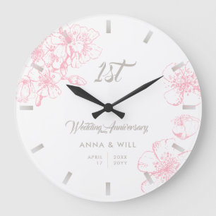 Cherry Blossom Sketch Modern Wedding Anniversary Large Clock