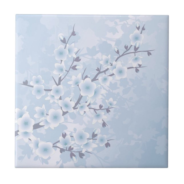 Cherry Blossom Sky Blue Floral Ceramic Tile (Front)