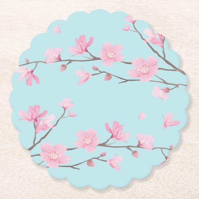 Cherry Blossom - Sky Blue Paper Coaster (Front)