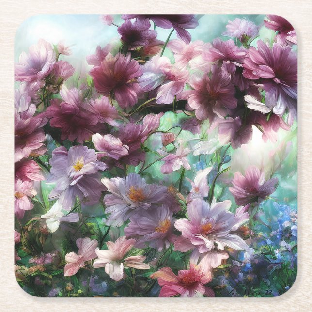 Cherry Blossom Splash Square Paper Coaster (Front)