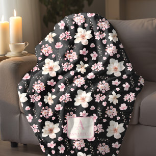 Cherry Blossom Spring Monogram Black Pink Fleece Blanket