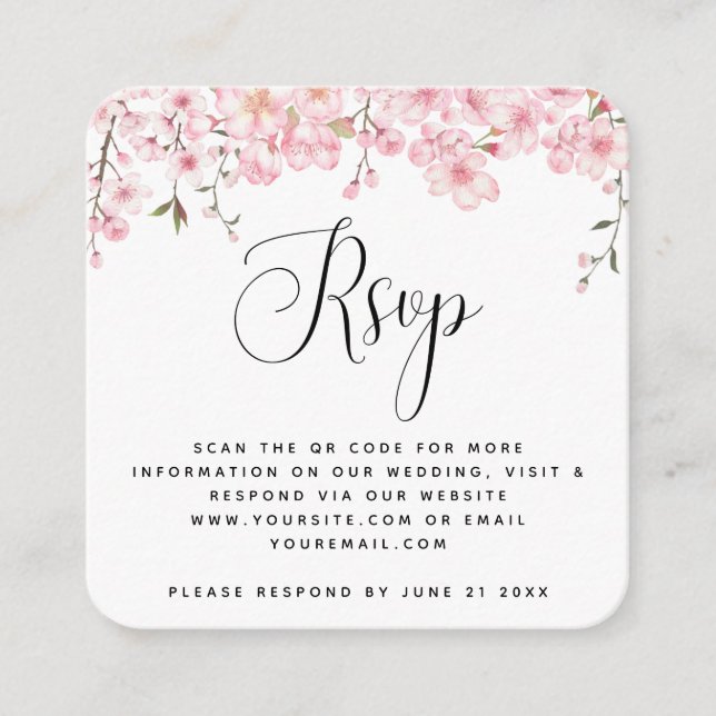 Cherry Blossom Spring Wedding QR Code RSVP Elegant Enclosure Card (Front)