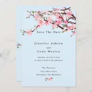 Cherry Blossom Spring Wedding Save The Date Blue