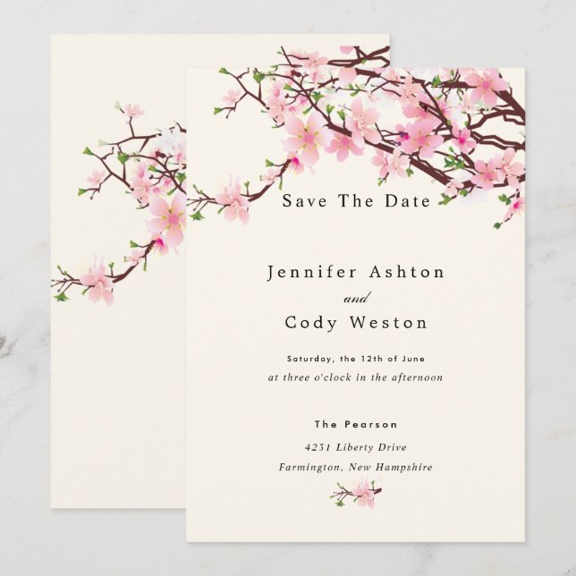 Cherry Blossom Spring Wedding Save The Date Cream (Front/Back)