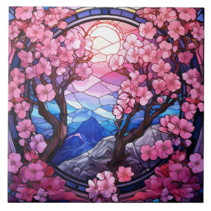 Cherry Blossom Stained Glass Ceramic Tile