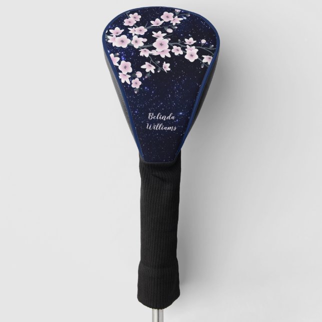 Cherry Blossom Starry Night Sky Pink Blue Monogram Golf Head Cover (Front)