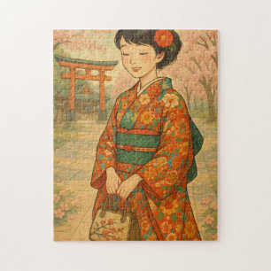 Cherry Blossom Stroll - Japanese Girl in Kimono Jigsaw Puzzle