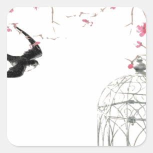 Cherry blossom, swallow, birdcage design square sticker