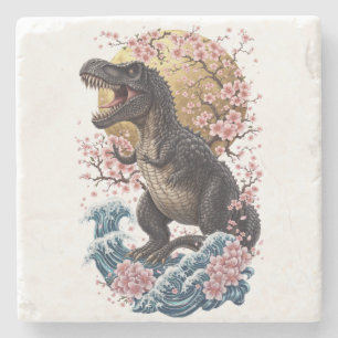 Cherry Blossom T-Rex Japanese Wave Ukiyo-e Art Stone Coaster