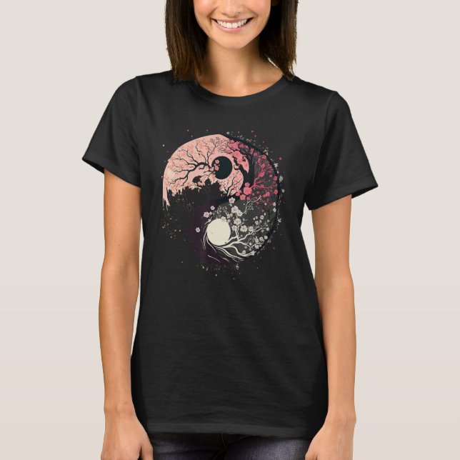Cherry Blossom Taoism Yin Yang on Zen Taijitu Yin  T-Shirt (Front)