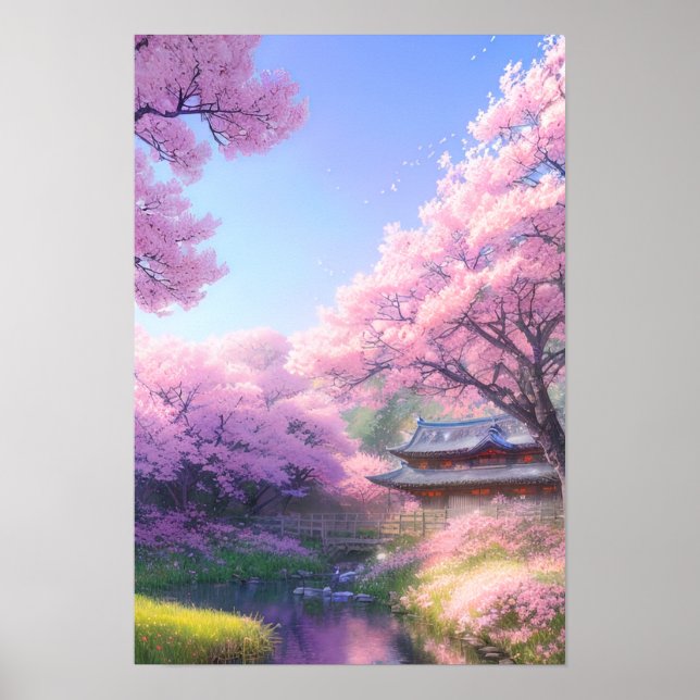 Cherry Blossom Tea House by the River Poster (Front)