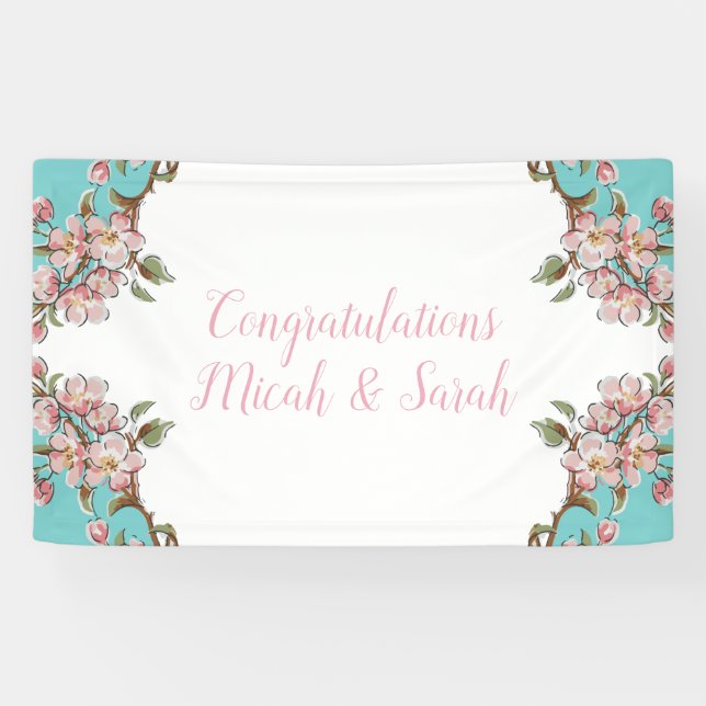 Cherry Blossom Teal Retro Vintage Baby Shower Banner (Horizontal)