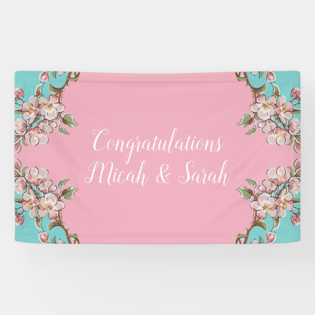 Cherry Blossom Teal Retro Vintage Baby Shower Banner (Horizontal)