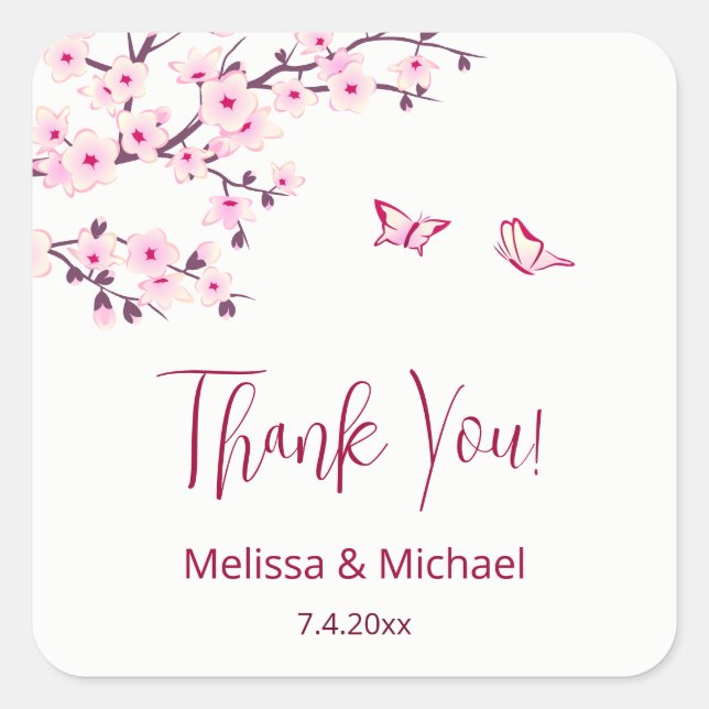 Cherry Blossom Thank You Wedding Favor   Square Sticker (Front)