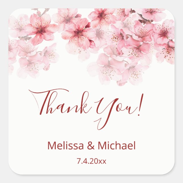 Cherry Blossom Thank You Wedding Favour   Square Sticker (Front)