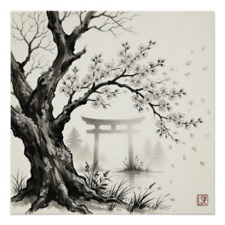 Cherry Blossom & Torii Gate — Japanese Sumi-e Ink Poster
