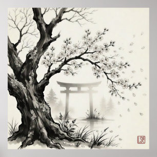 Cherry Blossom & Torii Gate — Japanese Sumi-e Ink Poster