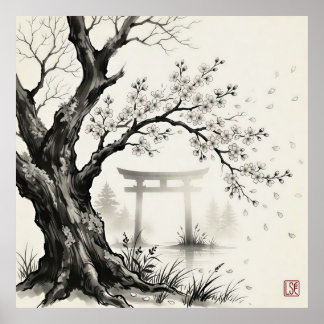 Cherry Blossom & Torii Gate — Japanese Sumi-e Ink Poster