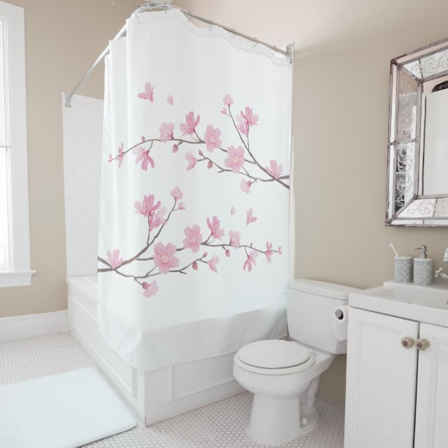 Cherry Blossom – Transparent Background Shower Curtain (In Situ)