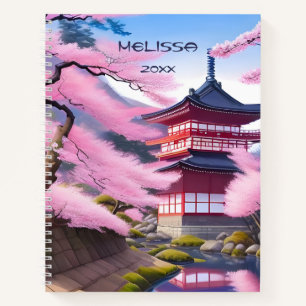 Cherry Blossom Tree And Temple Add Name Notebook