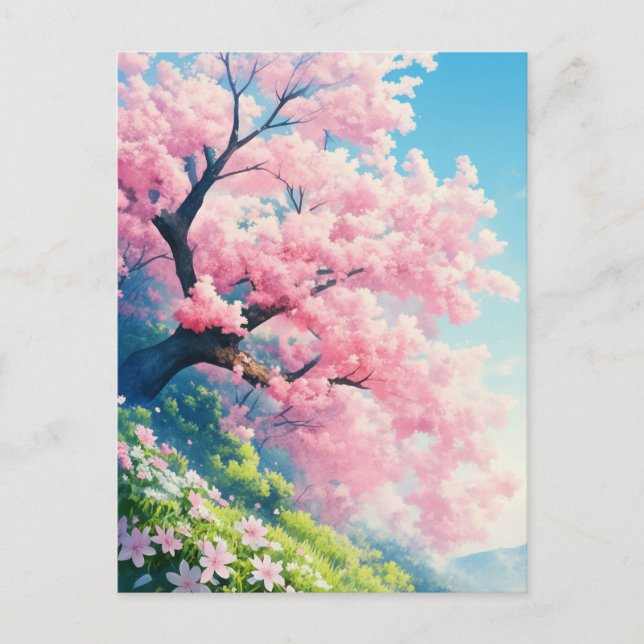 Cherry Blossom Tree on Sunny Green Hillside Postcard (Front)