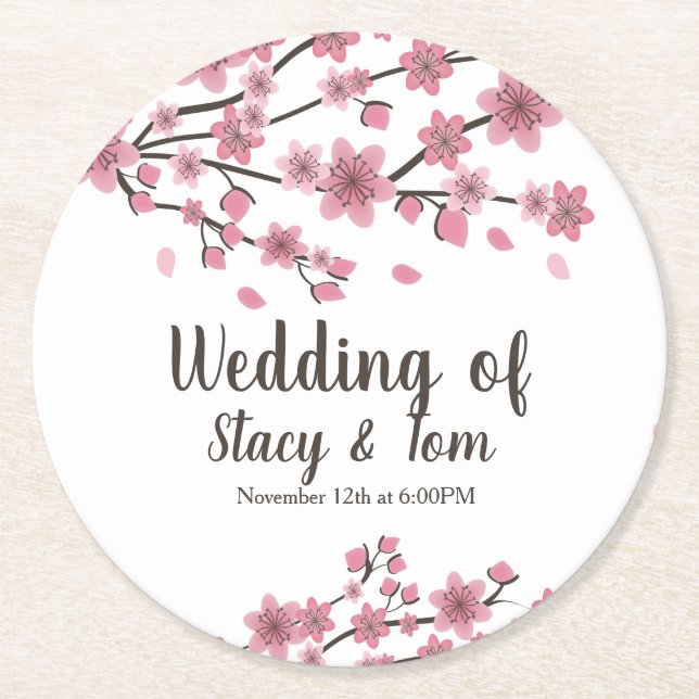 Cherry Blossom Tree Petals Pink Wedding Round Paper Coaster (Front)