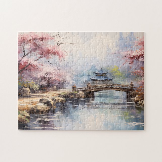 Cherry Blossom Trees Japanese Garden Jigsaw Puzzle (Horizontal)