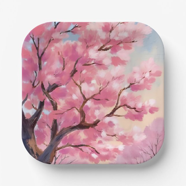 Cherry Blossom Trees Pink Floral Painting Paper Plate (Front)