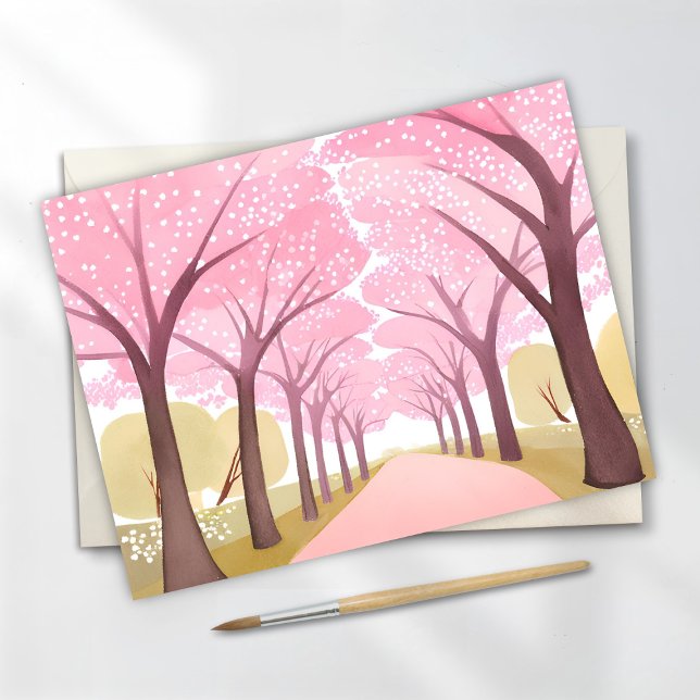 Cherry Blossom Trees Pink Watercolor Path  Postcard (Creator Uploaded)