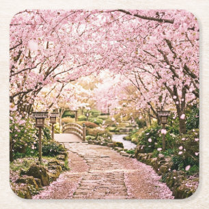 Cherry Blossom Trees Square Paper Coaster