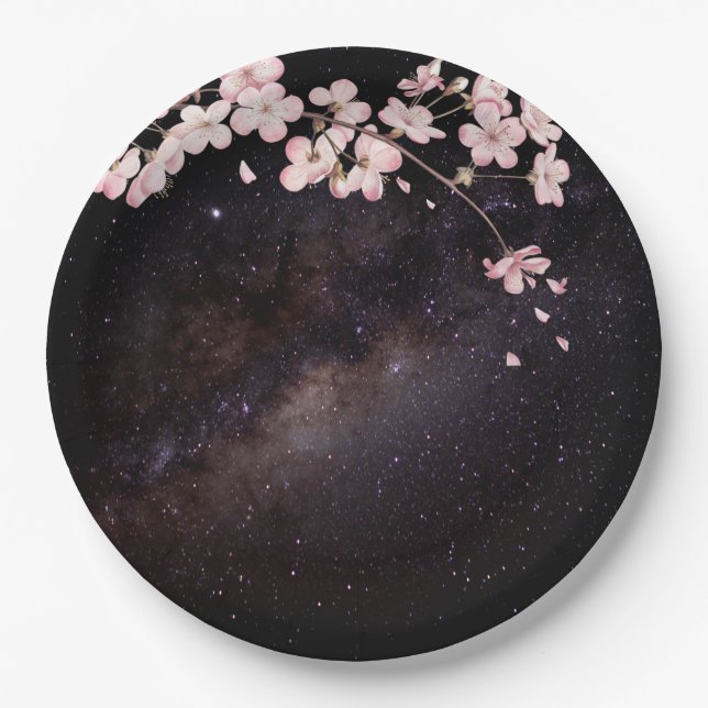 Cherry Blossom under Starry Nightsky Engagement Paper Plate (Front)