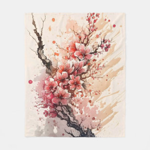 Cherry Blossom Watercolor Flowers Pink Red Floral Fleece Blanket