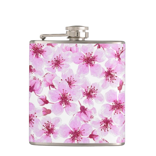 Cherry blossom watercolor hip flask (Front)