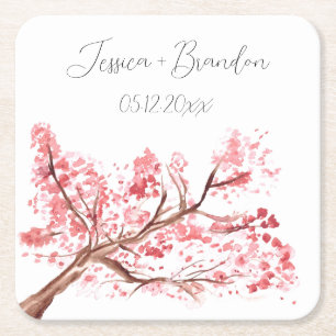 Cherry Blossom Watercolor Pink Floral Wedding Square Paper Coaster