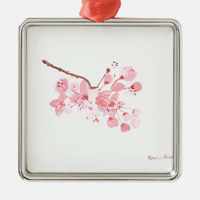 cherry blossom watercolor pink tree Japan oriental Metal Tree Decoration (Front)