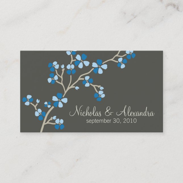 Cherry Blossom Wedding Business Card dark (blue) (Front)
