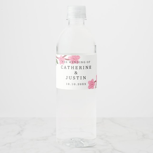 Cherry Blossom Wedding Event All Text Editable Water Bottle Label (Front)